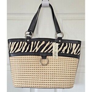 Kate Landry Woven Straw Animal Print & Black Leather Purse Summer Handbag NWT